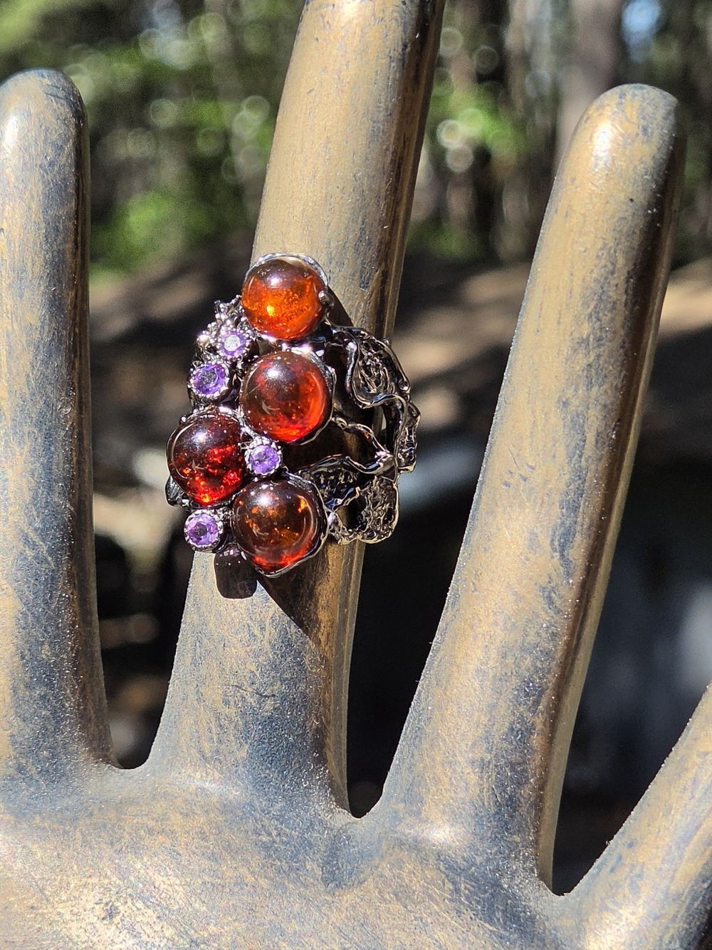 Amber & Amethyst Natural Gemstone Sterling & Rhodium Cocktail Ring Sz7 - Picture 4 of 10
